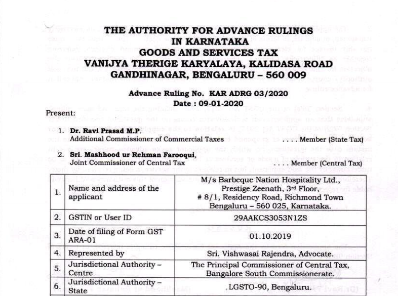 AAR Karnataka Order in case of M/s Barbeque Nation Hospitality Ltd.