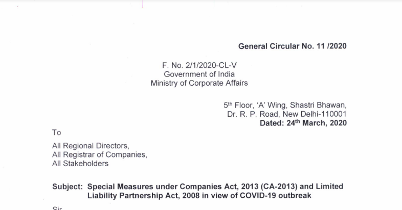 Special Measures under Companies Act, 2013 (CA-2013) and Limited Liability Partnership Act, 2008 in view of COVID-19 outbreak