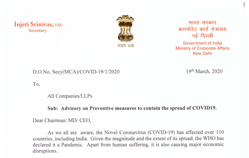 Advisory on Preventive measures to contain the spread of COVID19.