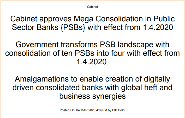 Cabinet approves Mega Consolidation in Public Sector Banks 