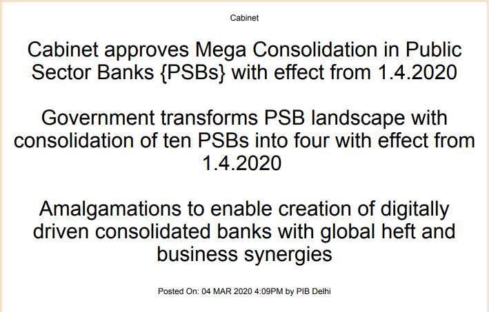 Cabinet approves Mega Consolidation in Public Sector Banks