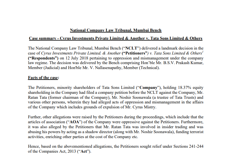Cyrus Investments Private Limited & Another v. Tata Sons Limited & Others: NCLT case