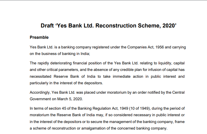 Draft ‘Yes Bank Ltd. Reconstruction Scheme, 2020’