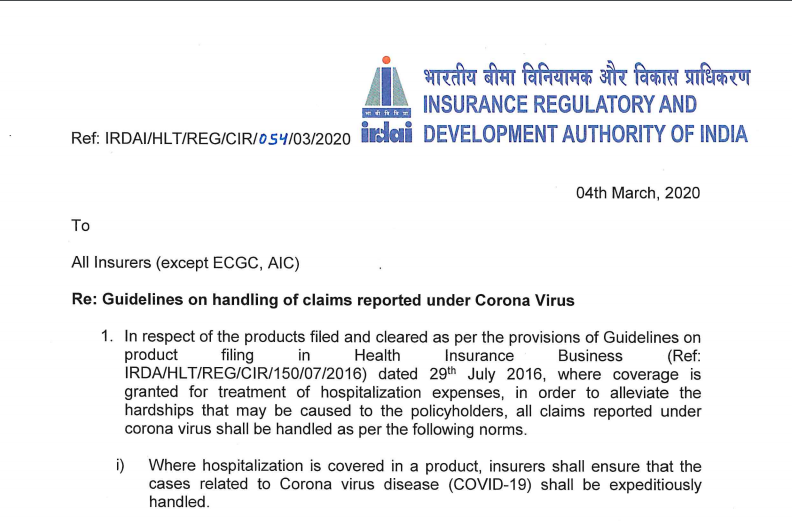 Guidelines on handling of claims reported under Corona Virus