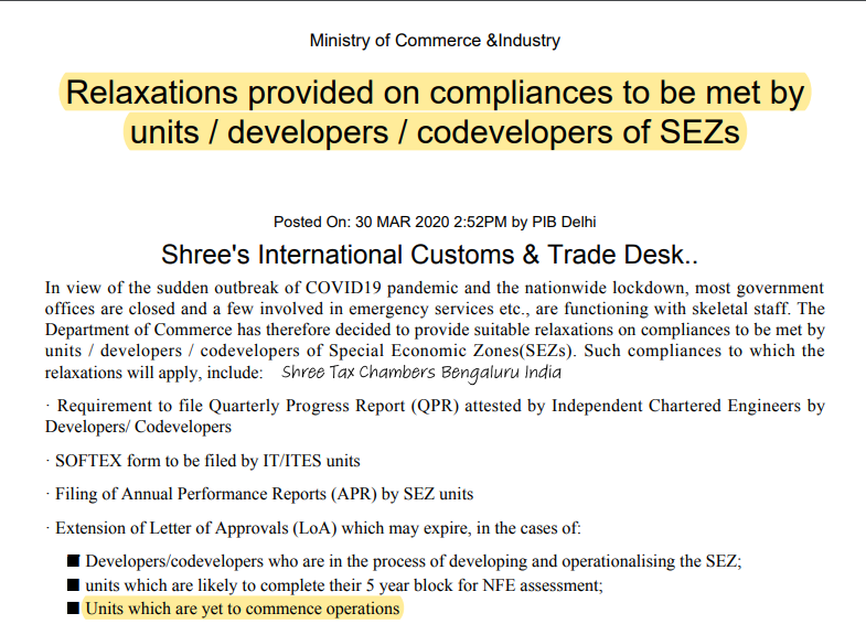 Relaxations provided on compliances to be met by units/developers/codevelopers of SEZs