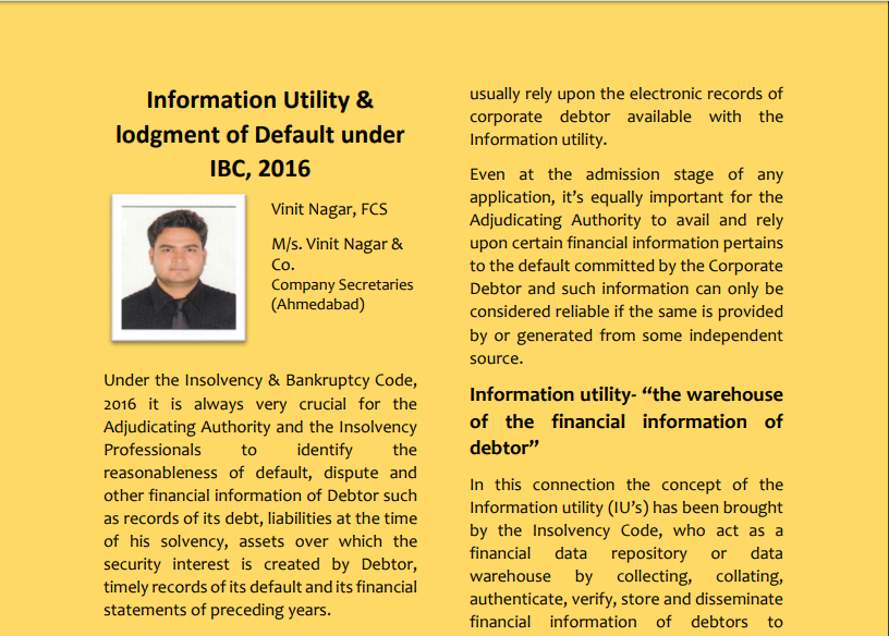 Information Utility & lodgment of Default under IBC, 2016