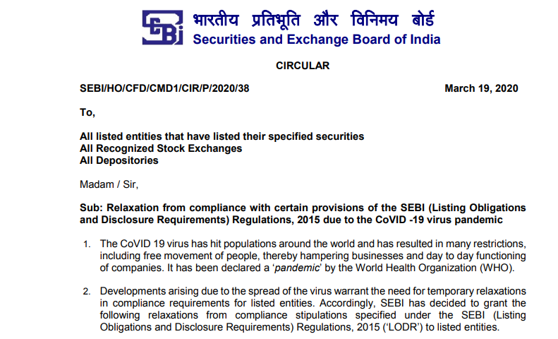 Relaxation from compliance with certain provisions of the SEBI