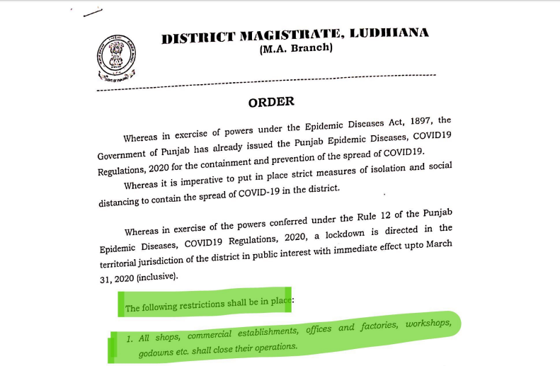 Complete shut down orders of Punjab up to 31.03.2020