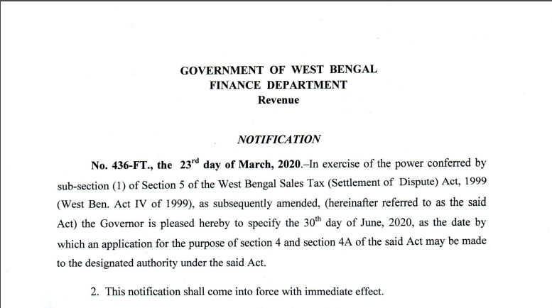 West Bengal settlement of dispute application up to 30th June