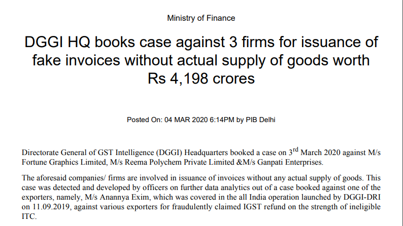 DGGI discovers the issuance of fake invoices worth Rs 4,198 crores. 