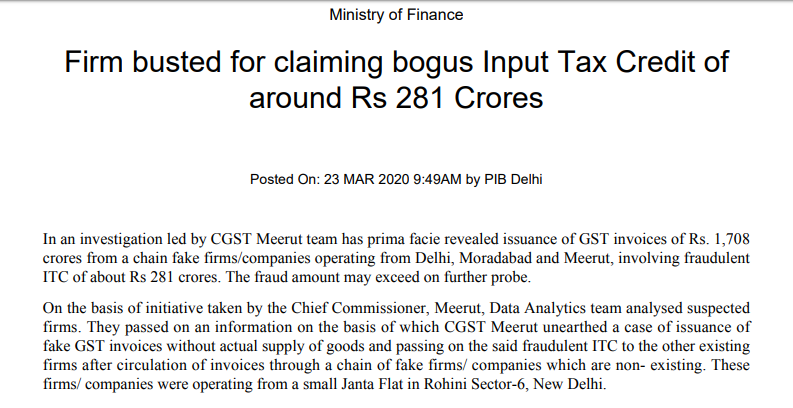 Firm busted for claiming bogus Input Tax Credit of around Rs 281 Crores