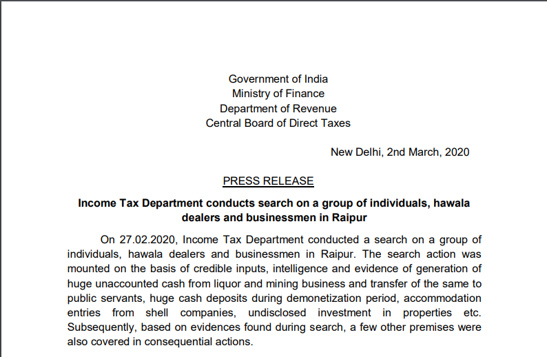 Income Tax Department conducts a search on a group of individuals in Raipur