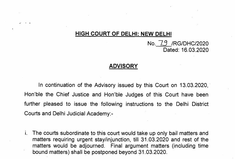 Delhi High court restricted hearings for Corona fear