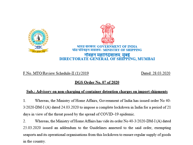 Advisory on non-charging of container detention charges on import shipments