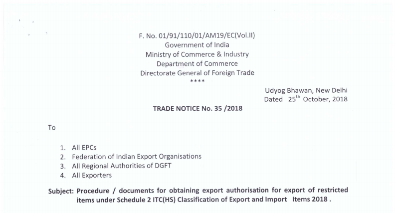 Procedure/ documents for obtaining export authorization for exports of restricted items