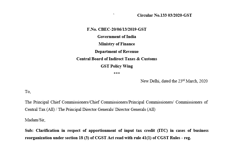 Apportionment of input tax credit (ITC) in cases of business reorganization under section 18 (3) of CGST Act read with rule 41(1) of CGST Rules