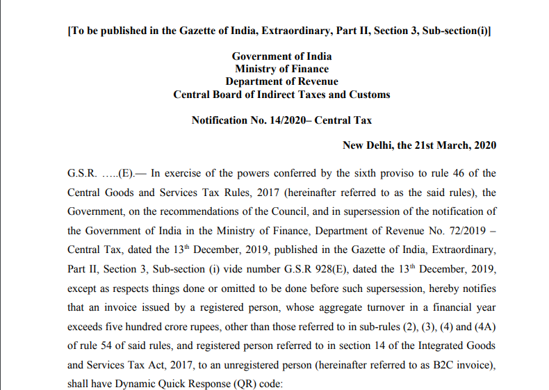 Provisions related to QR code to be applicable from 1st Oct 2020