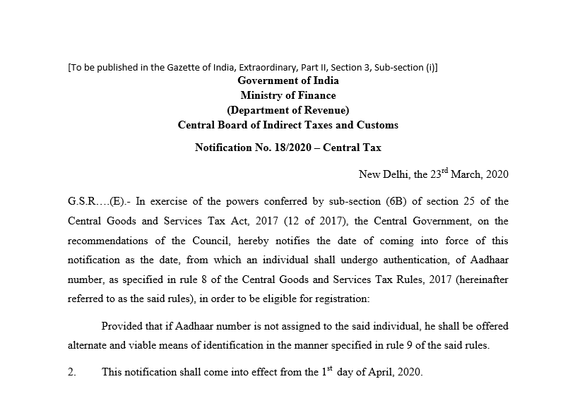 Adhaar is mandatory for GST registration from 1st April 2020