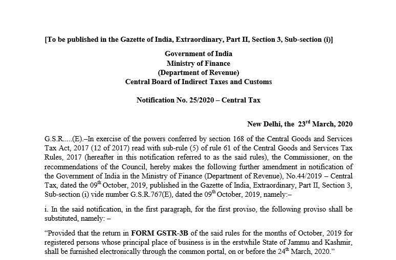 Date of GSTR-3B extended for taxpayers in J&K