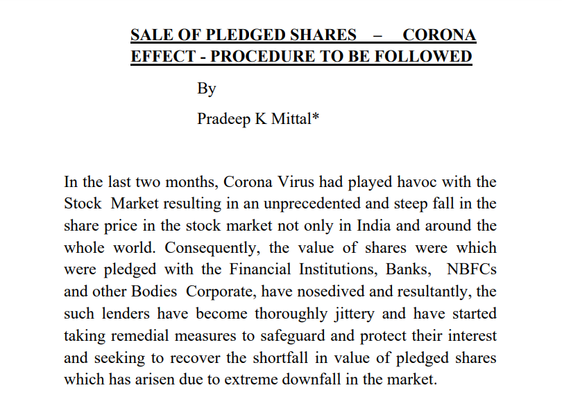 SALE OF PLEDGED SHARES – CORONA EFFECT - PROCEDURE TO BE FOLLOWED