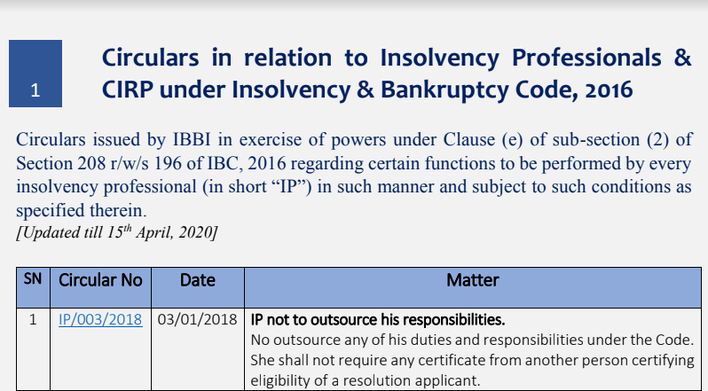 Circulars in relation to Insolvency Professionals & CIRP under Insolvency & Bankruptcy Code, 2016