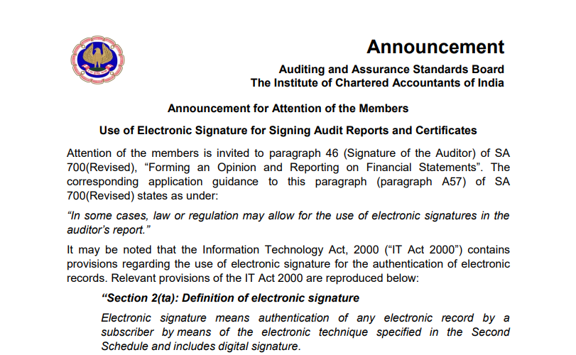 ICAI allows Use of Electronic Signature for Signing Audit Reports and Certificates