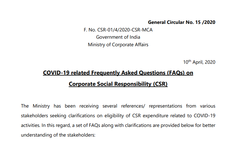 COVID-19 related Frequently Asked Questions (FAQs) on Corporate Social Responsibility (CSR)
