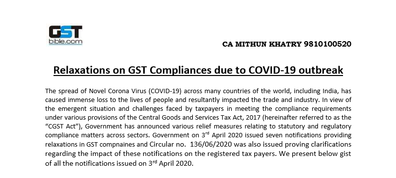 Relaxations on GST Compliances due to COVID-19 outbreak