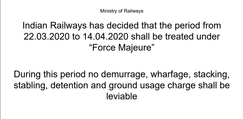 No demurrage charges by Indian railway from 23.3.2020 to 14.4.2020