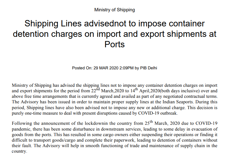 Shipping Lines advised not to impose container detention charges on import and export shipments at Ports