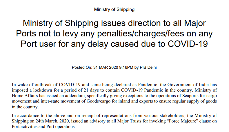 Ministry of Shipping issues direction to all Major Ports not to levy any penalties/charges/fees on any Port user for any delay caused due to COVID-19