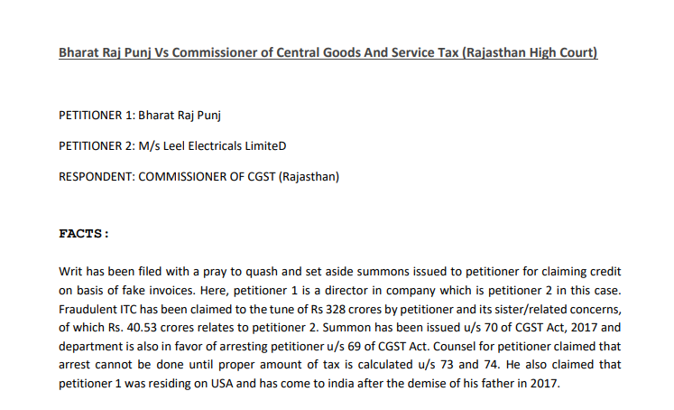 Bharat Raj Punj Vs Commissioner of Central Goods And Service Tax (Rajasthan High Court)