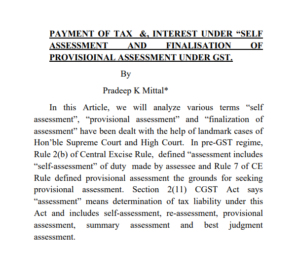 Payment of Tax &, Interest Under “Self Assessment And Finalisation of Provisional Assessment Under GST.