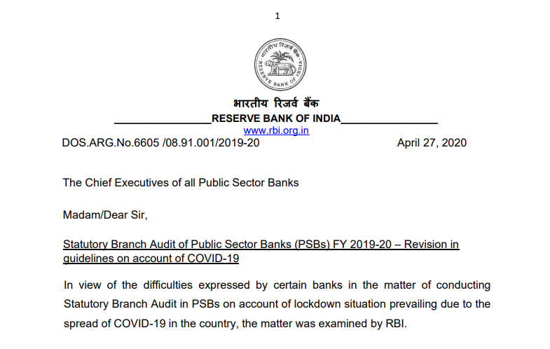 Statutory Branch Audit of Public Sector Banks (PSBs) FY 2019-20 – Revision in guidelines on account of COVID-19: RBI