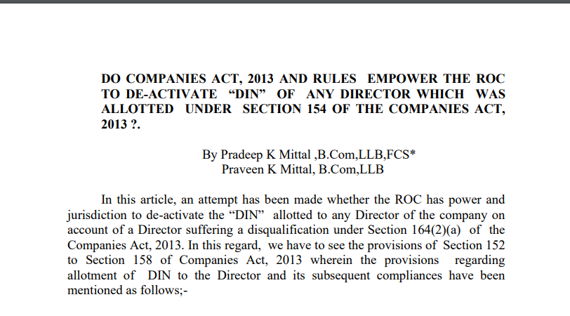 Do Companies Act, 2013, and Rules Empower The ROC to De-activate “DIN” of Any Director Which was Allotted Under Section 154 of The Companies Act, 2013 ?.