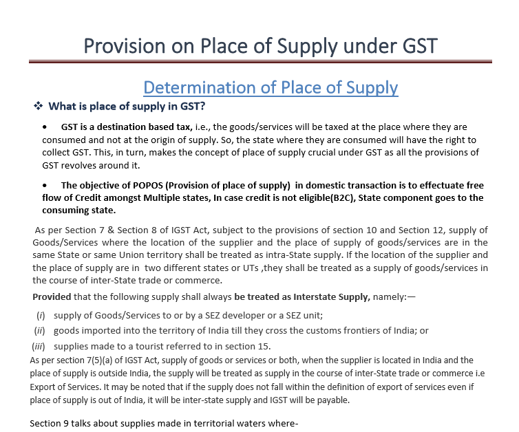 Updated provisions of Place of Supply under GST 