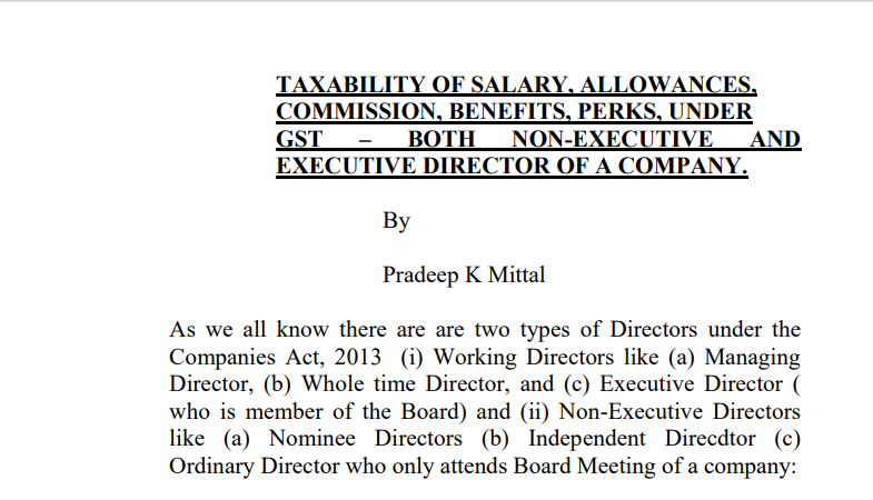 Taxability of Salary, Allowances, Commission, Benefits, Perks, Under GST – Both Non-Executive And Executive Director of a Company.