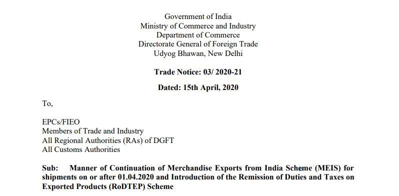Continuation of MEIS for shipments after 1-4-2020