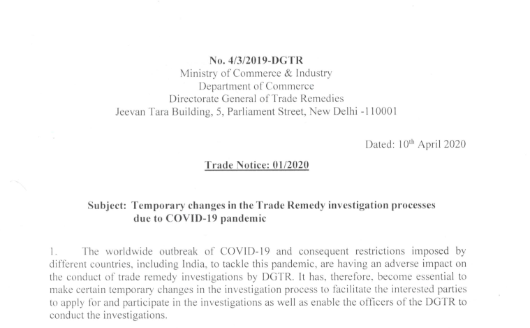Temporary changes  in the Trade Remedy investigation processes due to COVID 19 pandemic 