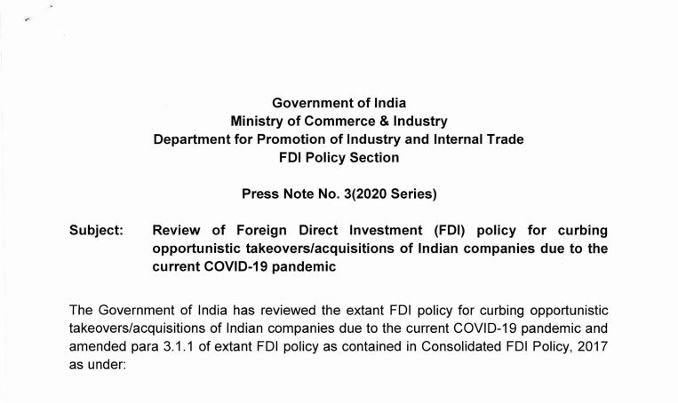 Review of Foreign Direct Investment (FDI) policy for curbing opportunistic takeovers/acquisitions of Indian companies due to the current COVID-19 pandemic