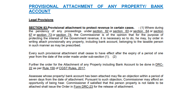 Provisional Attachment of Property including Bank Account