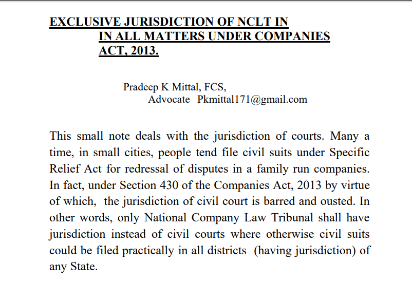 EXCLUSIVE JURISDICTION OF NCLT IN ALL MATTERS UNDER COMPANIES ACT, 2013.