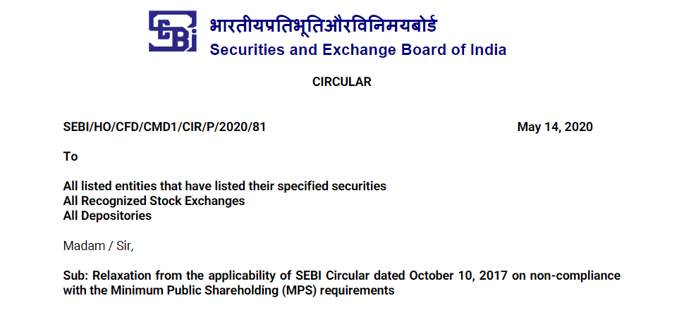 Relaxation in Minimum Publish Shareholding by SEBI