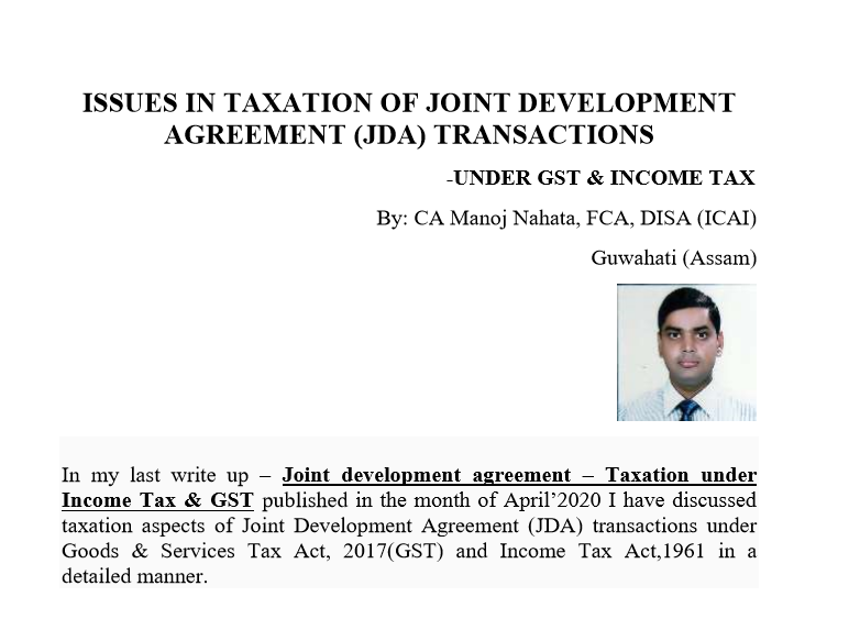 Issues in Taxation of Joint Development Agreement (JDA) Transactions - Under GST & Income Tax