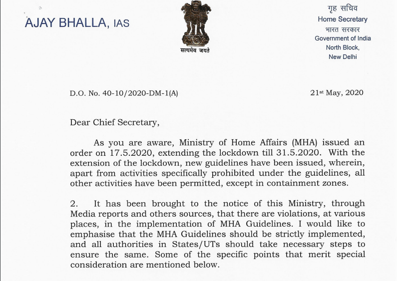 MHA DO Lr. Dt. 21.5.2020 to Chief Secretaries and Administrators reg. violations in MHA guidelines and ensure proper implementation of the guidelines