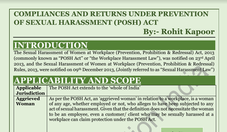 Compliances and Returns Under Prevention of Sexual Harassment (POSH) Act