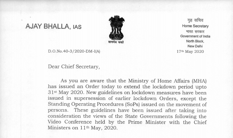 MHA DO Lr. Dt. 17.5.2020 to Chief Secretaries and Administrators reg. strict compliance of new guidelines issued on 17.5.2020