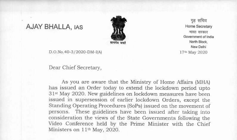 MHA DO Lr. Dt. 17.5.2020 to Chief Secretaries and Administrators reg. strict compliance of new guidelines issued on 17.5.2020 