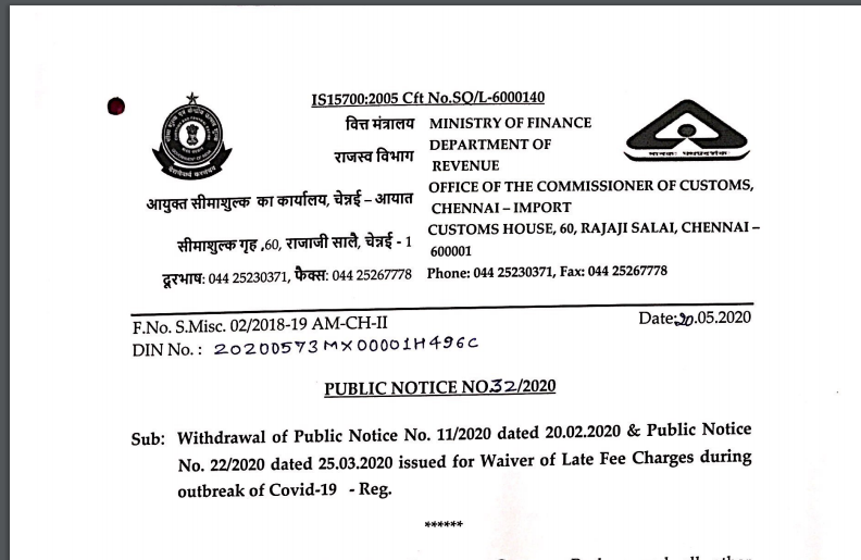 Waiver of Late Fee Withdrawn by Chennai Customs