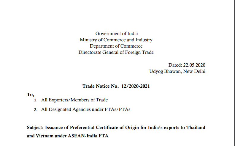 Issuance of Preferential Certificate of Origin for India’s exports to Thailand and Vietnam under ASEAN-India FTA